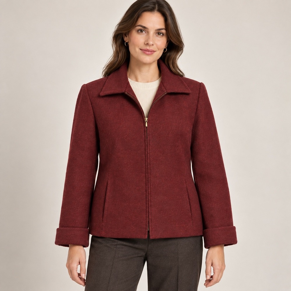 L.L. Bean Womens 8 Wool Lambswool Full Zip Jacket Burgundy Red Made USA Office